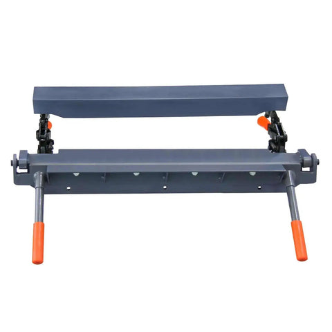 Front view of 24 Inch Heavy Duty Sheet Metal Brake Bender for 18 Gauge Steel, Adjustable 0 to 135 Degrees, with orange handles