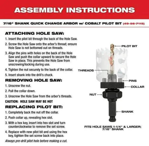 Assembly instructions for 7/16-inch shank quick change arbor with cobalt pilot bit, showing installation and removal steps.