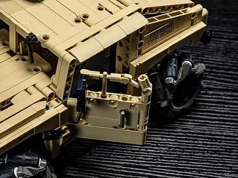 Close-up of Off Road Hummer Armor RC Car Kit with 804 pieces showing detailed military style build and Mecanum wheels