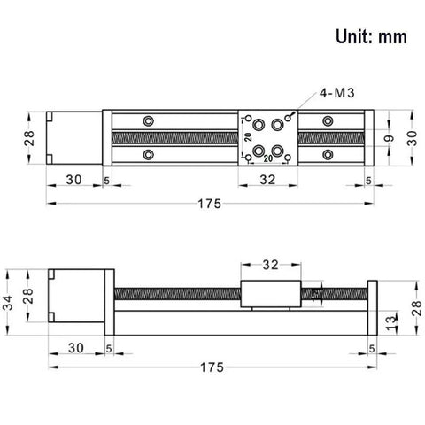 Technical diagram of a 100mm Travel Mini Linear Rail Guide With Lead Screw T6x1 And NEMA11 Stepper Motor for CNC applications