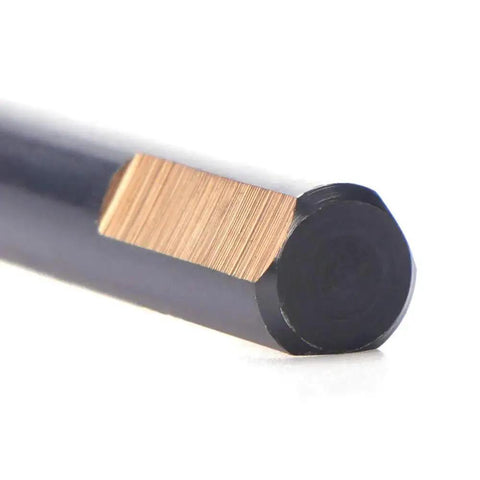 Close-up of a drill bit from a 12 Piece Black And Gold Coated Twist Drill Bits Set, Sixteenth Inch Diameter, 4 Inch Length, HSS M2 High Speed Steel