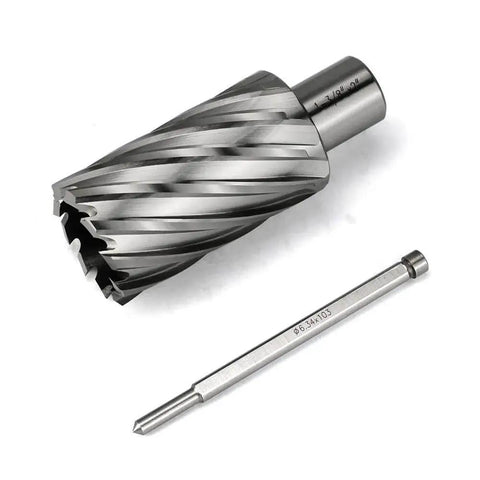 Annular Cutter Set For Magnetic Drill Press HSS Slugger Bits Three Quarters Inch Weldon Shank One And Three Eighths Inch Cutting Diameter Two Inch Cutting Depth Kit For Tough Metal Drilling with cutter and pilot pin