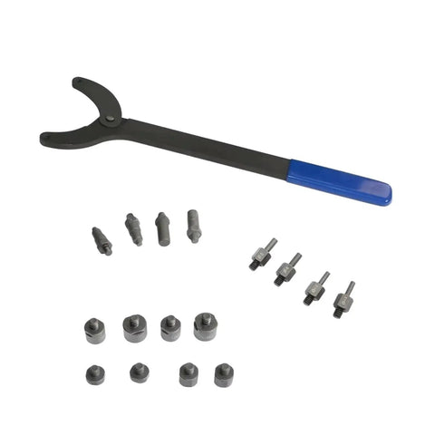Camshaft pulley holder tool with blue handle and assorted VW timing-belt adapters, pins, and spacers.