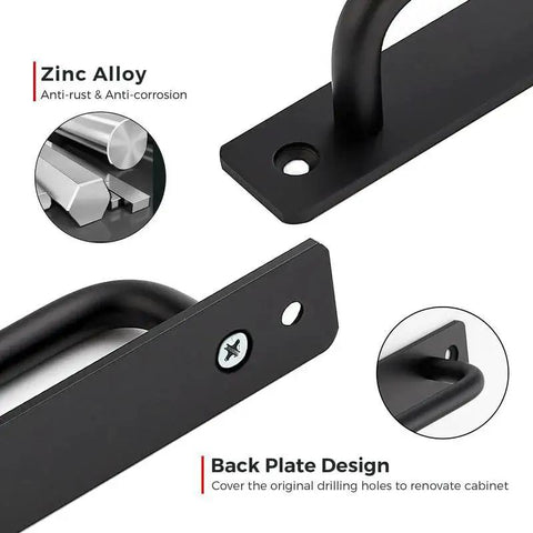 Close-up of 2 Pack Barn Door Handles For Sliding Doors In Black With Plate Zinc Alloy Rust Resistant Pull Handles showing zinc alloy material and back plate design.