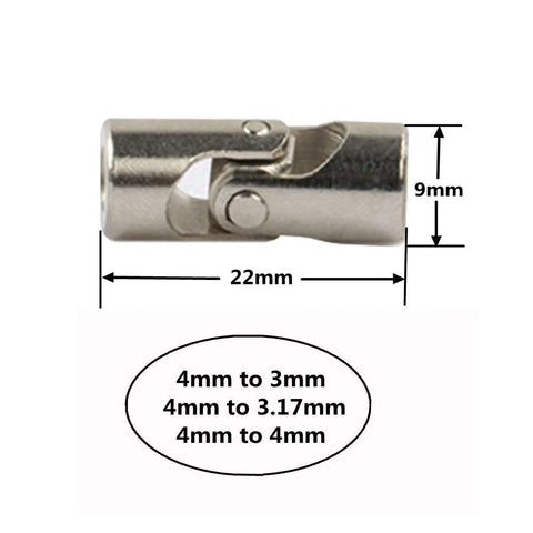 Silver metal universal joint shaft coupler for RC cars, 22mm long, 9mm tall, fits 4mm to 3.175mm and 4mm to 4mm shafts.