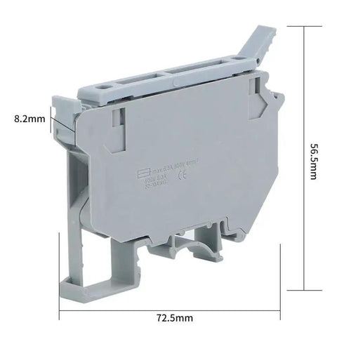 Side view of LED Indicated DIN Rail Fuse Holders And Disconnect Terminal Blocks With Screw Clamp, 24V DC, Gray, 72.5mm tall.