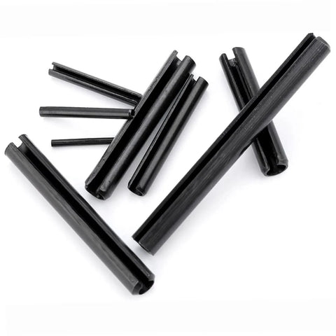 Slotted Spring Dowel Pin Assortment Kit 450 Pieces With Plastic Storage Case For Automotive Mechanical Workshop And Repairs Pro Grade Durable Spring Steel Pins For Cogs Gears Wheels And Precise Alignment Must Have; close-up view of black spring dowel pins.