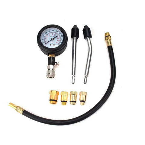 8 Piece Engine Compression Tester Kit 0 To 300 PSI For Cars Motorcycles Trucks with gauge, hoses, and adapters