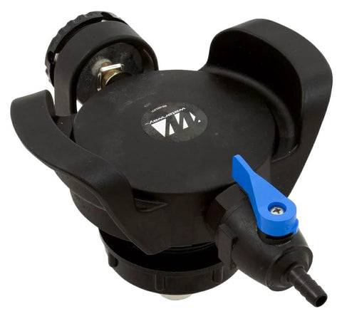 Waterway pressure relief valve assembly, black plastic body with blue lever for lawn and patio use.