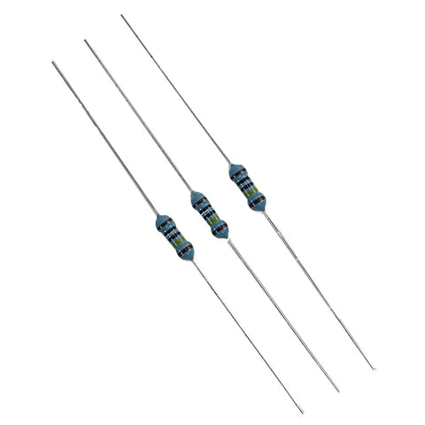 Delon Technology resistor assortment; three blue metal-film axial resistors with color bands