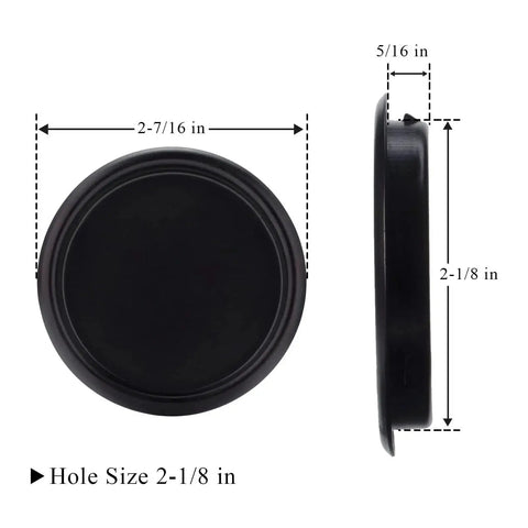 4 Pack Black Closet Door Finger Pulls 2 1/8 Inch Snap In No Nails Needed Easy Install For Pocket Doors Sliding Barn Door Bi-Pass And Cabinet Doors Stamped Steel Circular Pull With Inner Diameter 2.0 Inch Outer Diameter 2 7/16 Inch, front and side view, showing dimensions.