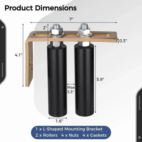Product dimensions of 6-Inch Universal Nylon Gate Roller With L-Shape Bracket, Adjustable Sliding Gate Roller Support displayed.