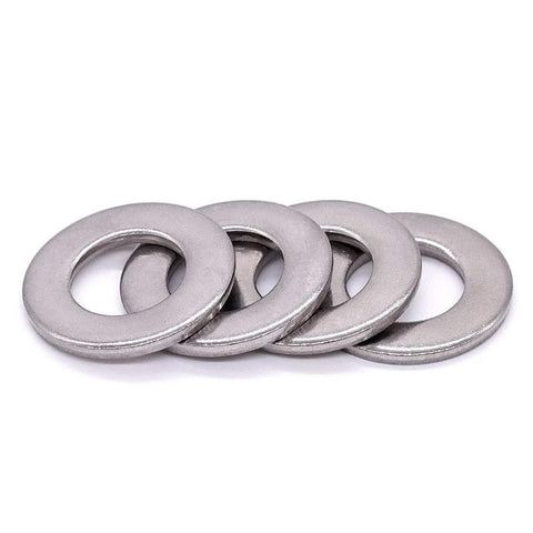 Stainless steel flat washers, 1/4 in, ID 0.28 in, OD 0.63 in, bright finish; four shown, Amazon brand