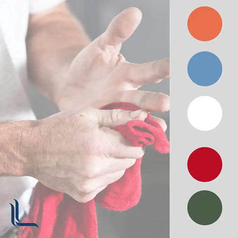Person holding a red towel with color samples; Blue 14x14 Inch 100-Pack Cotton Auto Shop Towels For Detailing And Industrial Cleaning