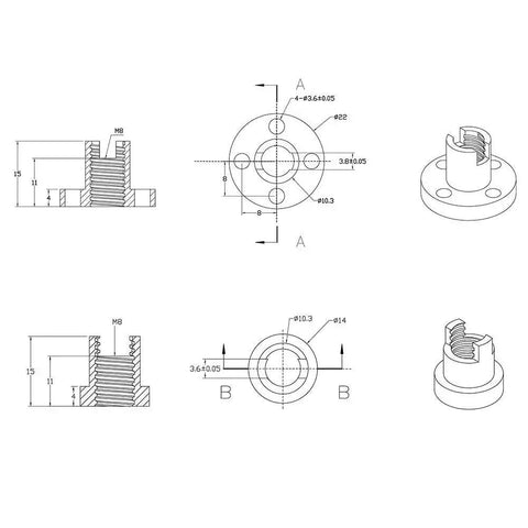 Technical diagram of Anti Backlash Nut for 8mm Acme Lead Screws 2mm Pitch T8 Style, brass and stainless steel, CNC and 3D printer parts.