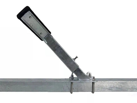 Installed bow rest catcher on galvanized boat trailer rail; adjustable steel post with marine rubber pad.