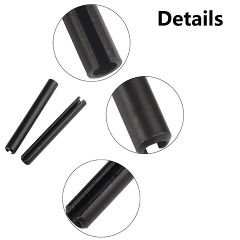 Close-up of slotted pins from the 390 Piece Spring Steel Pin Assortment Kit With 13 Sizes From M1.5 to M6, black finish, detail view