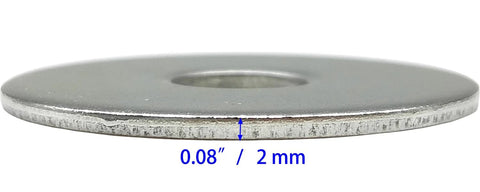 3/8 in ID stainless fender flat washer, 1 in OD, 0.08 in thick, 18-8 (304) stainless steel, side view