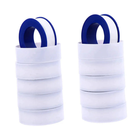 PTFE Thread Seal Tape For Plumbing High Temp Durable Leak Sealant For Pipes Easy To Use At Home Or Industrial Jobs Ideal For Water Gas And Air Fittings 30 Count Pack For Quick Leak Fixes, shown stacked with blue cores.