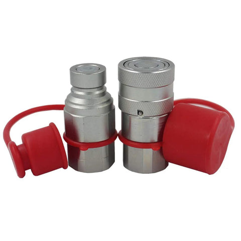 Pair of LX-FF-04 1/2 in flat-face hydraulic quick disconnect couplers with red dust caps, metal bodies