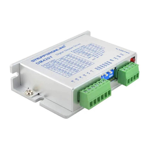 Digital Stepper Motor Driver DM420Y for Nema 14 17 23 Motors, silver unit with green connectors, side angle view