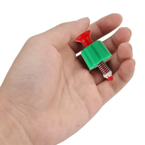 Pressure relief valve for backpack sprayer, green plastic body with red actuator and metal threaded base (2-pack).