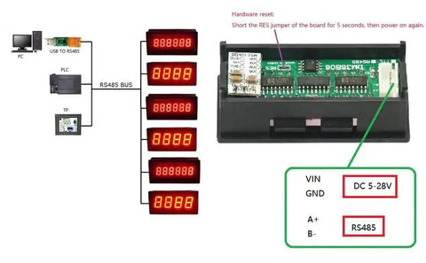 Diagram of 0.36 Inch 6 Bit LED Digital Display Panel for Modbus RTU RS485 PLC with RS485 connections and reset instructions