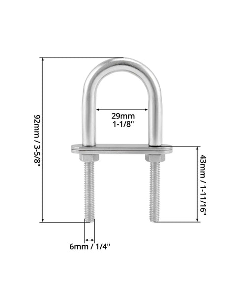 Four Pack 304 Stainless Steel U Bolts M6 x 90mm With Nuts And Plates For Boat Decks diagram showing dimensions for secure mounting.