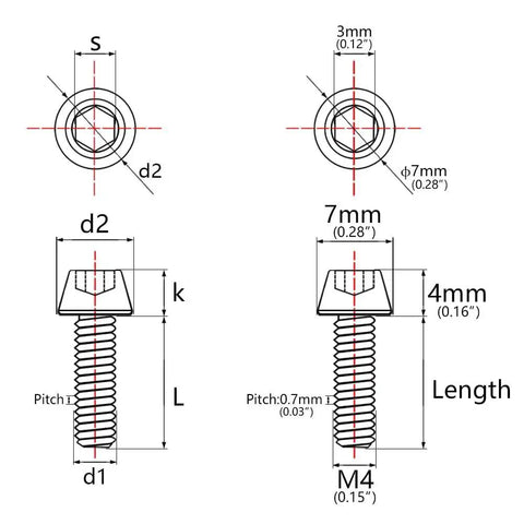 Technical diagram of Dope Blue Titanium DIN912 M4 Hex Bolts For Bicycle Frames And Components Pack Of 6 with dimensions