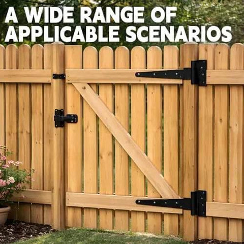 Wooden fence gate with Four Piece 12 Inch Heavy Duty Door Hinges In Wrought Iron For Shed Doors Barn Doors And Fence Gates Rust Resistant T Hinges