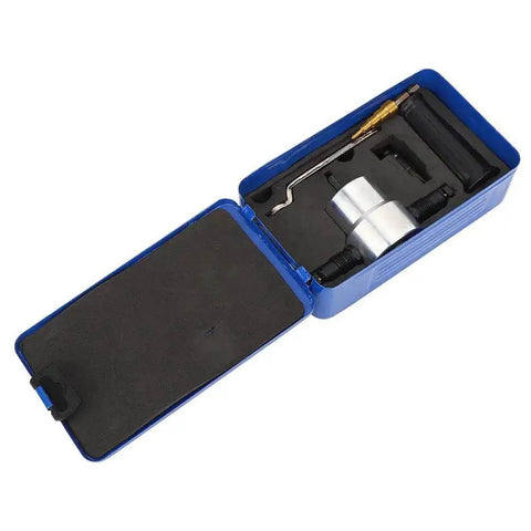 Double Headed Sheet Metal Nibbler For Straight Curve And Circle Cuts, Handy Drill Attachment kit with accessories in a blue case.