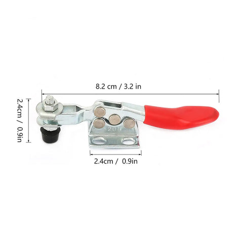 Heavy Duty Horizontal Toggle Clamp For Woodworking, Welding And Assembly, Built To Take A Beating With Industrial Grade Carbon Steel Construction And Electroplated Finish For Long Lasting Durability, Three Styles 201B 201C, front view with red handle and measurements.