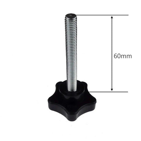 2 Pack M8 x 60mm Thread Replacement Star Hand Knob Tightening Screws, metal shaft with black plastic star knob, side view.