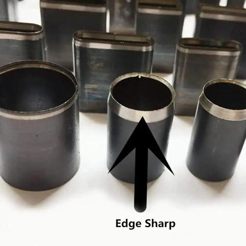 Close-up of Pro Grade 39 Shape Style Hollow Hole Puncher Leather Tool with sharp edges for DIY crafts and belt holes.