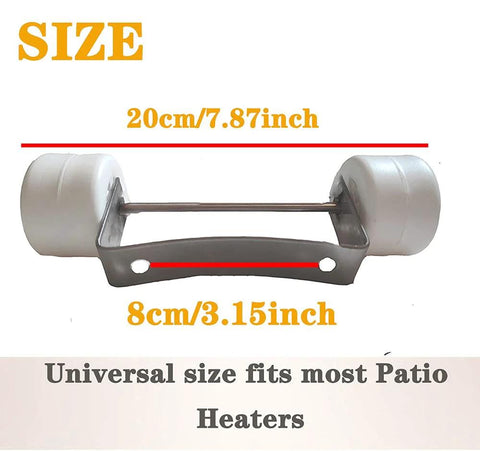 Patio heater wheel set: two white wheels with stainless steel bracket, universal fit for most propane patio heaters.
