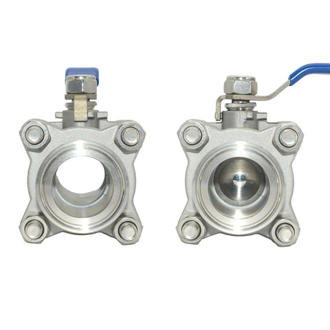 Two VARMHUS 1/2-inch sanitary ball valves, 304 stainless, 1.5-inch tri-clamp ends, blue handles
