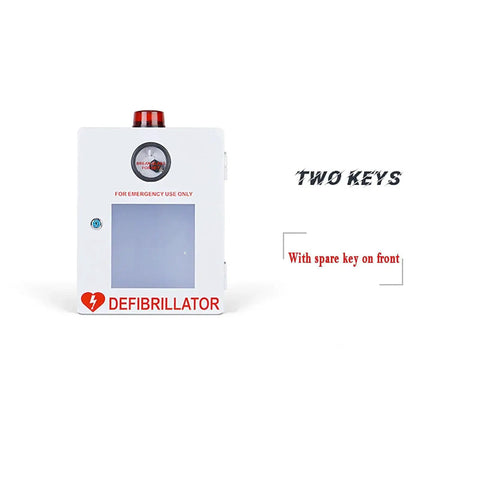 Front view of AED Defibrillator Cabinet With Key And Alarm For Offices Nursing Homes And Public Places, showing spare key and alarm.