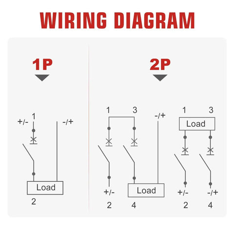 Wiring diagram for DC Miniature Circuit Breaker 1000V DC 25A Two Pole For Solar PV And Battery Power Systems.