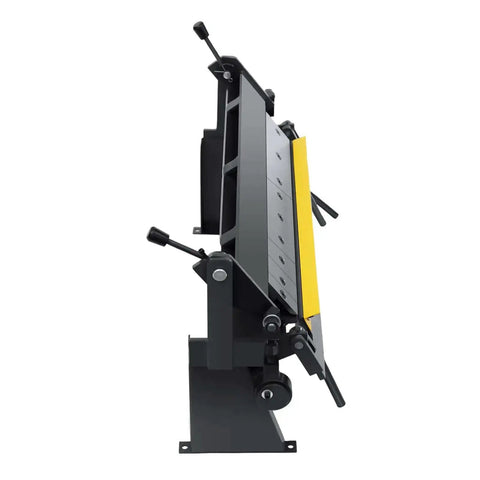 Side view of Heavy Duty 24 Inch Industrial Sheet Metal Hand Brake for Box and Pan Bends Benchtop Folder with adjustable fingers.