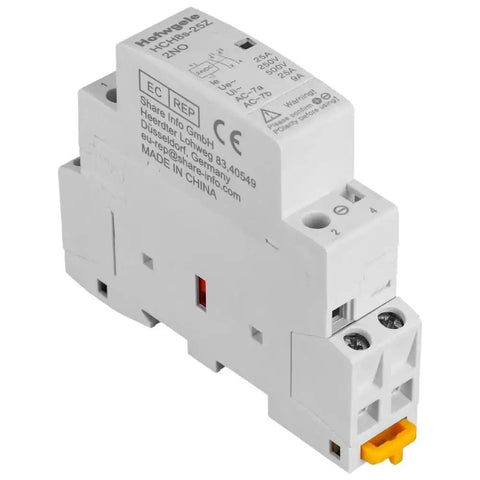 2 Pole AC Contactor With 24V DC Coil 25A Load, DIN rail mount, 35mm base, side view showing wire terminals and labels