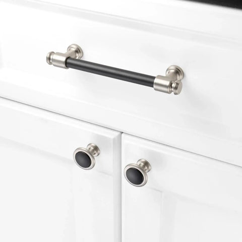 Round Cabinet Knobs 10 Pack Matte Black And Nickel, Durable Solid Metal Drawer Knobs installed on white cabinet front view