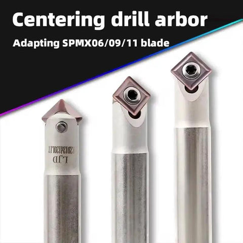 Centering drill arbor with adapting SPMX06/09/11 blade, shown in front view, with metallic finish and visible blade attachment.