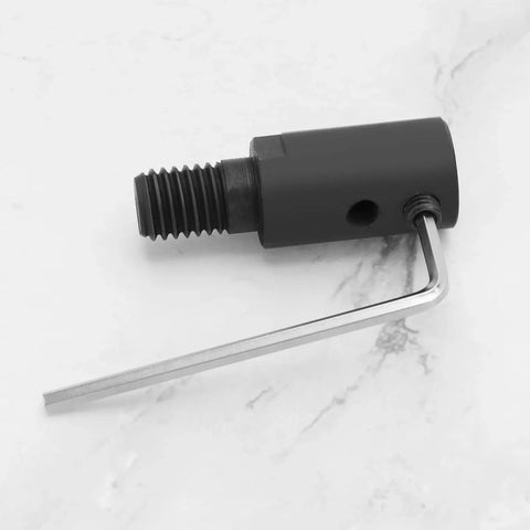 Black metal M10 threaded sleeve adapter for angle grinders; side hole for set screw and included L-shaped Allen wrench