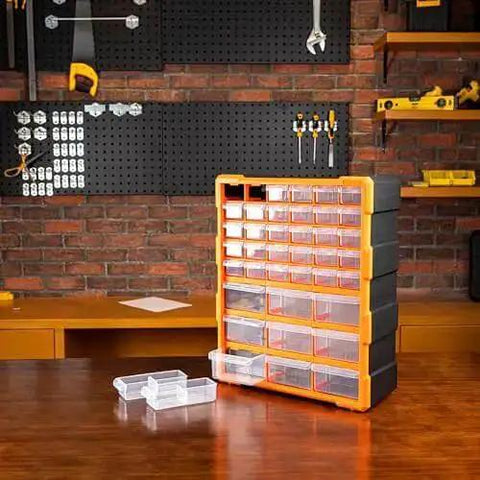Wall Mount Cabinet Organizer With 39 Drawers And Removable Dividers, Doubles Capacity To 78 Compartments For Hardware, Craft Supplies, And Small Parts, DIY Friendly, Black And Orange Plastic Garage Storage System, 15 By 6.3 By 18.6 Inches