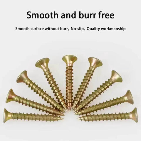 M4 Flat Head Wood Screws Set 340 Pcs Philips Drive countersunk self tapping screws with yellow zinc plated finish spread out in a fan shape