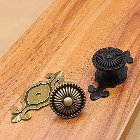 Golden Brass Antique Vintage Retro Drawer Cabinet Knobs With Backplates 12 Pack Mushroom Shape Pull Handles for Dresser on wood surface