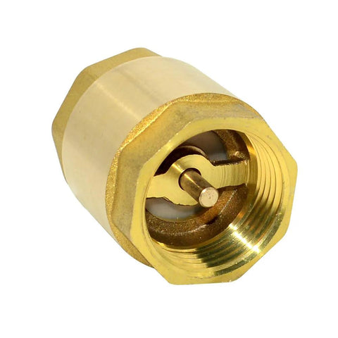 Brass 1'' female-threaded spring check valve, one-way backflow preventer, close-up view