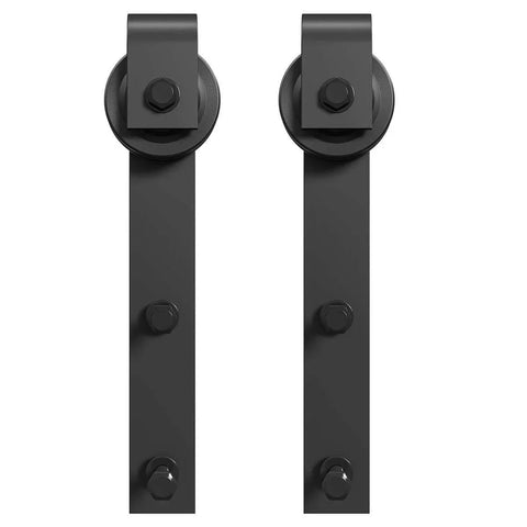 Sliding Barn Door Hangers J Shape 2 Pack Black Solid Steel With POM Wheels, front view showing two hangers.