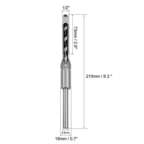 Square Hole Drill Bit For Woodworking One Half Inch Slotting Flute Diameter 75mm Cutting Depth 205mm Total Length Hollow Chisel Mortise Bit