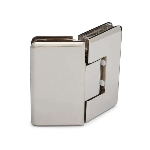 Heavy Duty 135 Degree Glass To Glass Hinge For Three Eighths Inch To One Half Inch Doors Up To 36 Inches Wide, 150 Lb Load, Opens 90 Degrees Inward And Outward, Self Closes Within 25 Degrees, Polished Nickel Finish.
